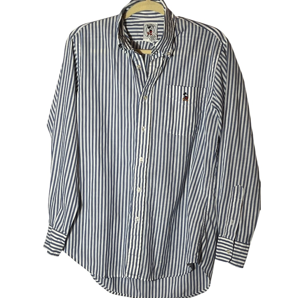 Vintage Mickey & Co Mens Striped Button Down Shirt Blue White Disney Medium